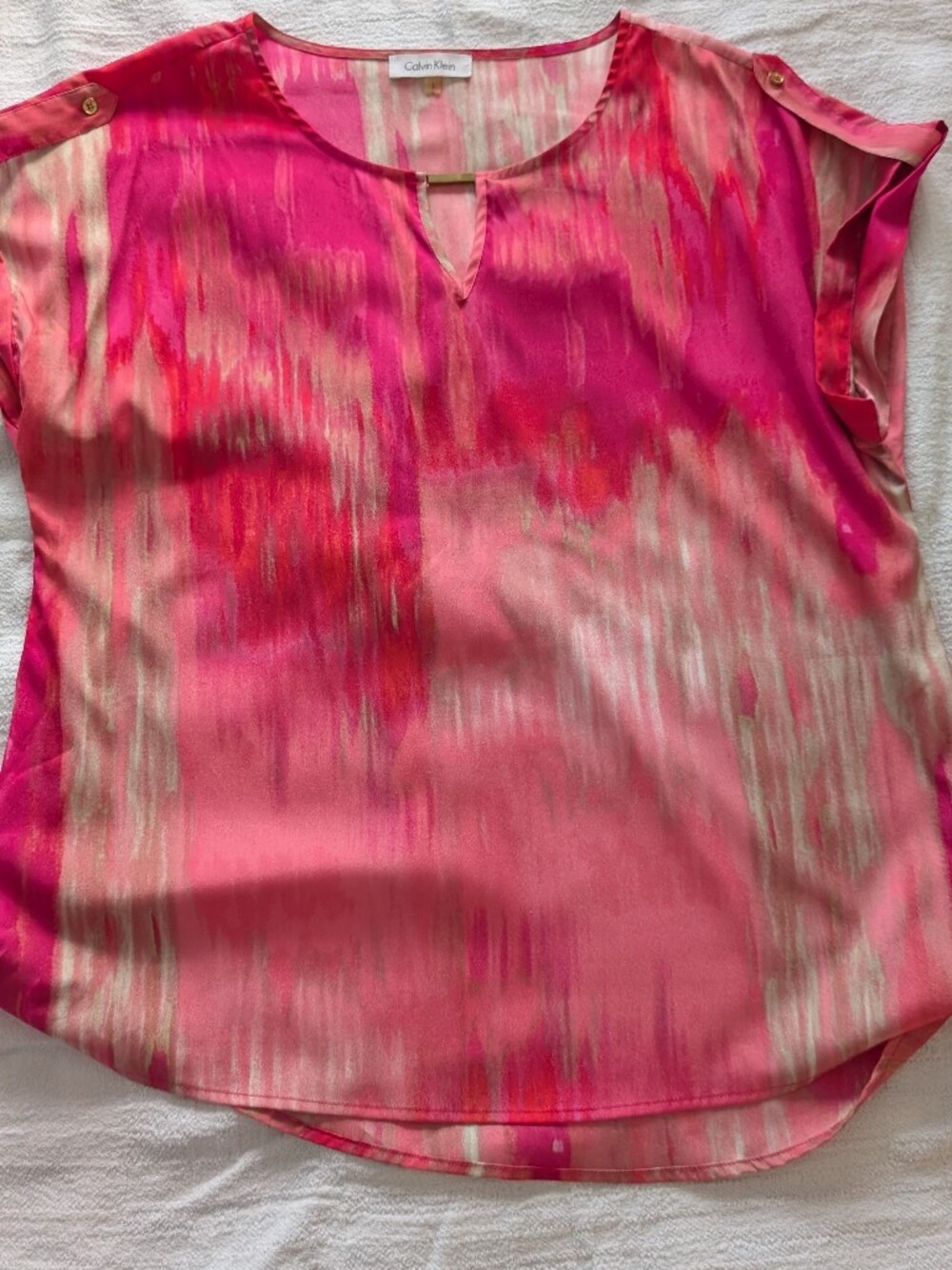 Calvin Klein Pink Multi-Striped Short Sleeve Blouse Vibrant Pink
